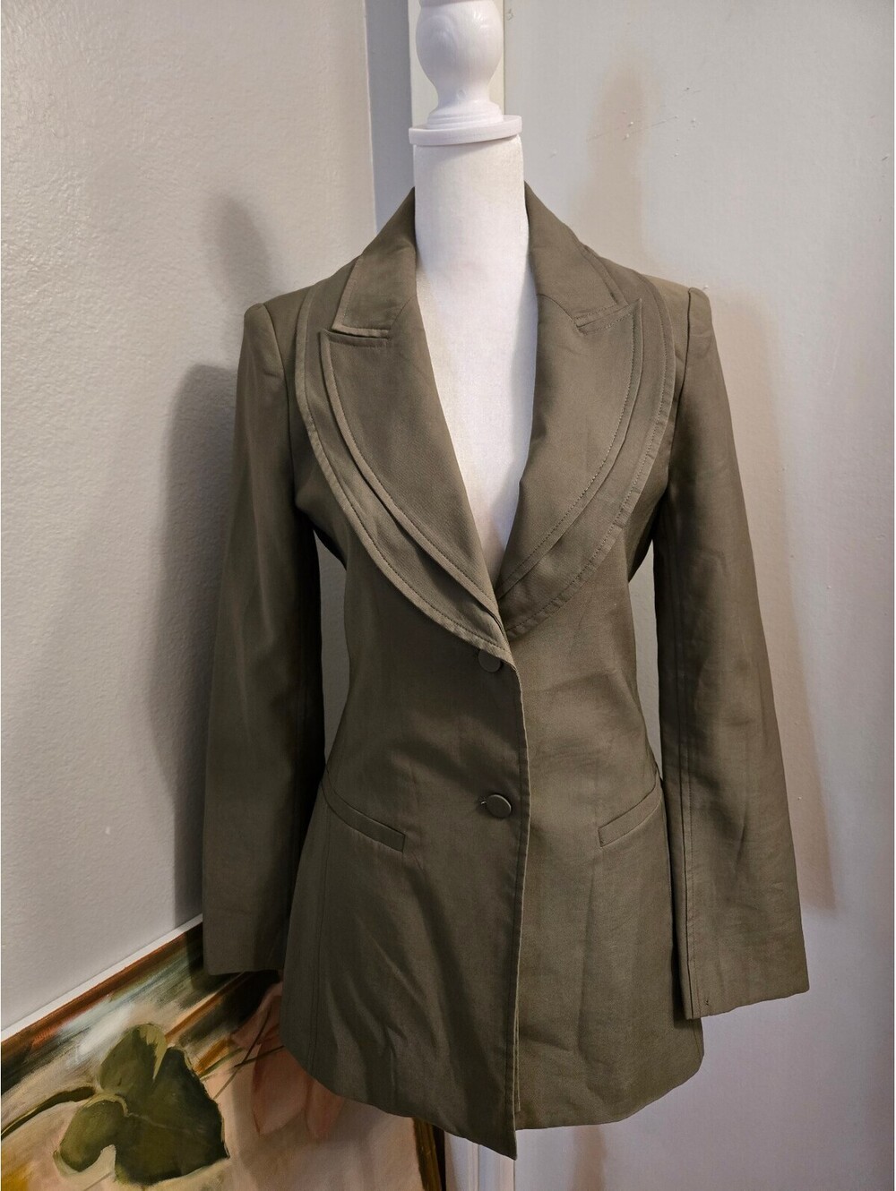 MOSSMAN Khaki Olive Green Tailored Blazer Jacket - US 2
